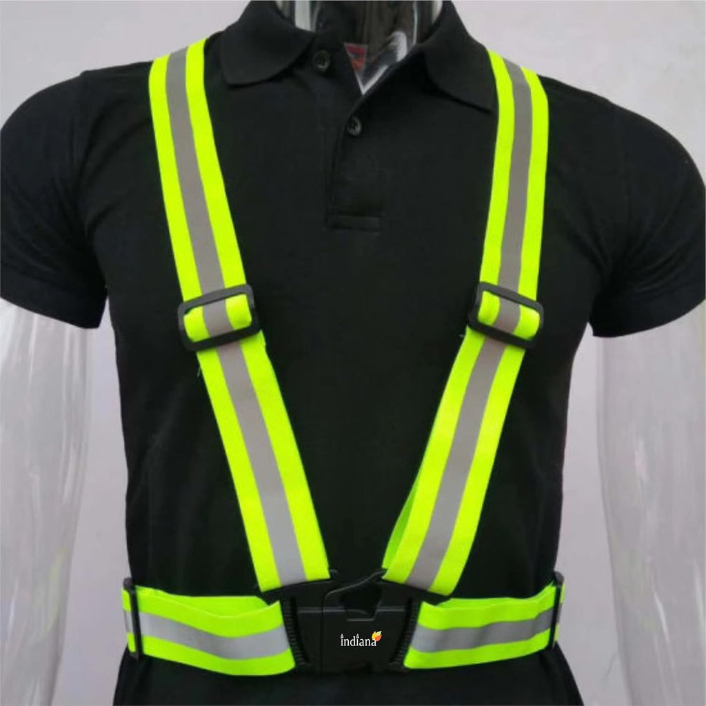 Indiana as offered by nature High Visibility Protective Safety Reflective Vest Belt Jacket, Night Cycling Reflector Strips Cross Belt Stripes Adjustable Vest - Green