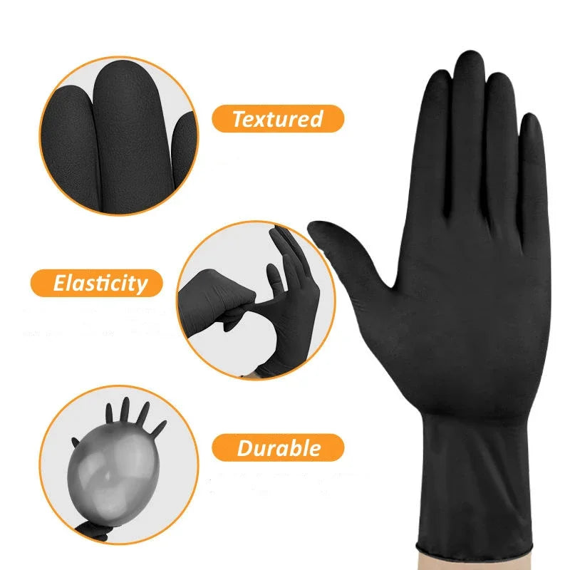 Black Nitrile Disposable Gloves - Latex-Free, Textured for Mechanics, Tattoo Artists, and Hair Dye Use (10/20/50/100PCS)